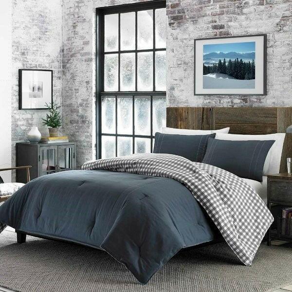 King size 100% Cotton Reverse Plaid Gray/White Comforter Set - FurniFindUSA