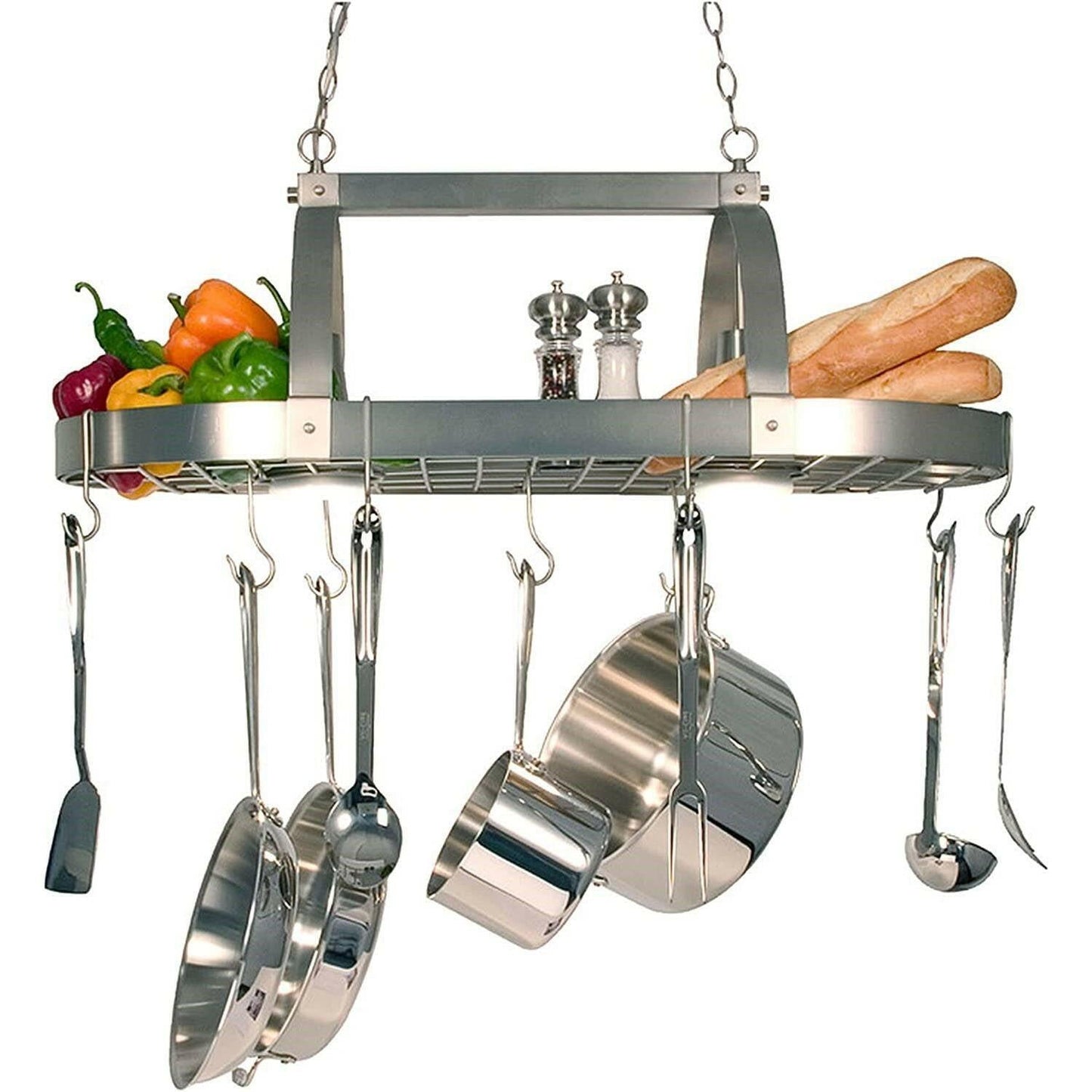 Rustic 2-Light 10 Hook Ceiling Mounted Hanging Pot Rack in Brushed Nickle - FurniFindUSA