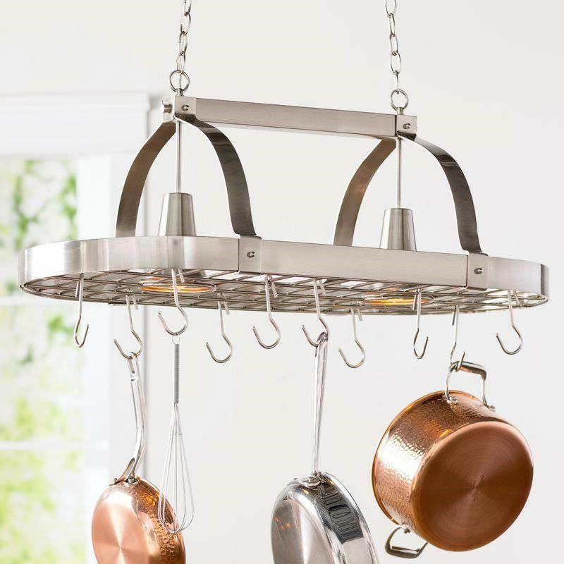 Rustic 2-Light 10 Hook Ceiling Mounted Hanging Pot Rack in Brushed Nickle - FurniFindUSA