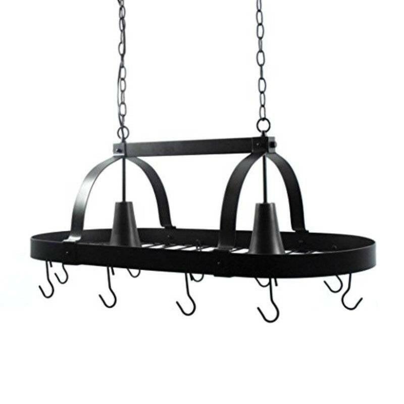 Rustic 2 Light 10 Hook Ceiling Mounted Hanging Pot Rack in Bronze - FurniFindUSA