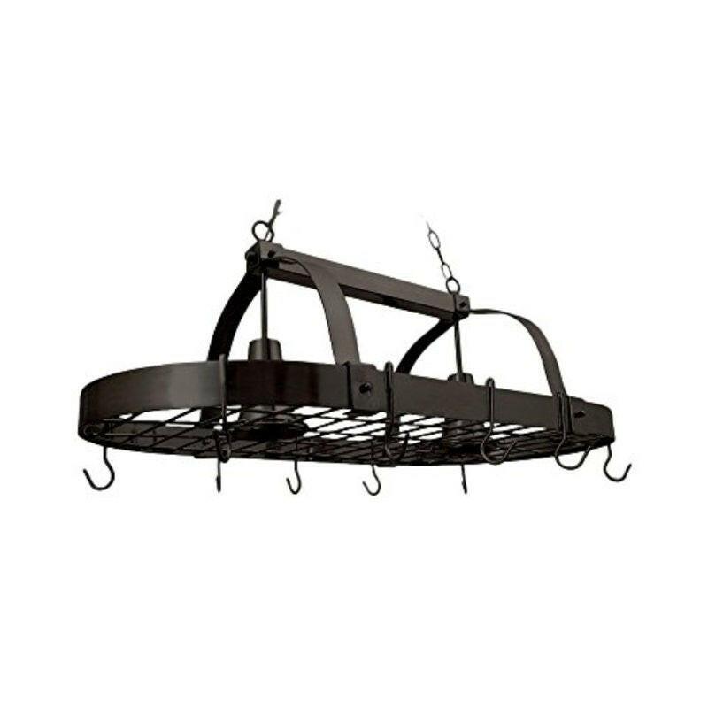 Rustic 2 Light 10 Hook Ceiling Mounted Hanging Pot Rack in Bronze - FurniFindUSA