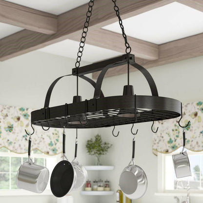 Rustic 2 Light 10 Hook Ceiling Mounted Hanging Pot Rack in Bronze - FurniFindUSA