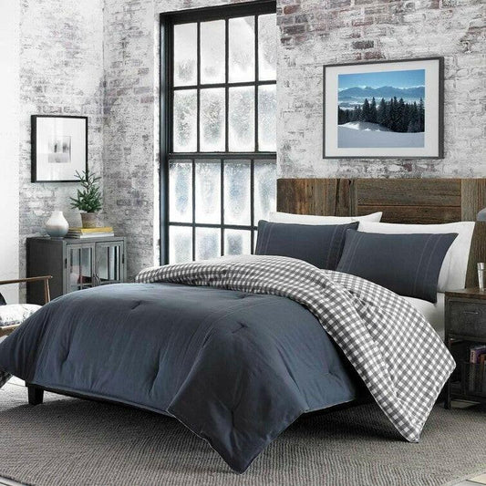 Full/Queen size 100% Cotton Reverse Plaid Gray/White Comforter Set - FurniFindUSA