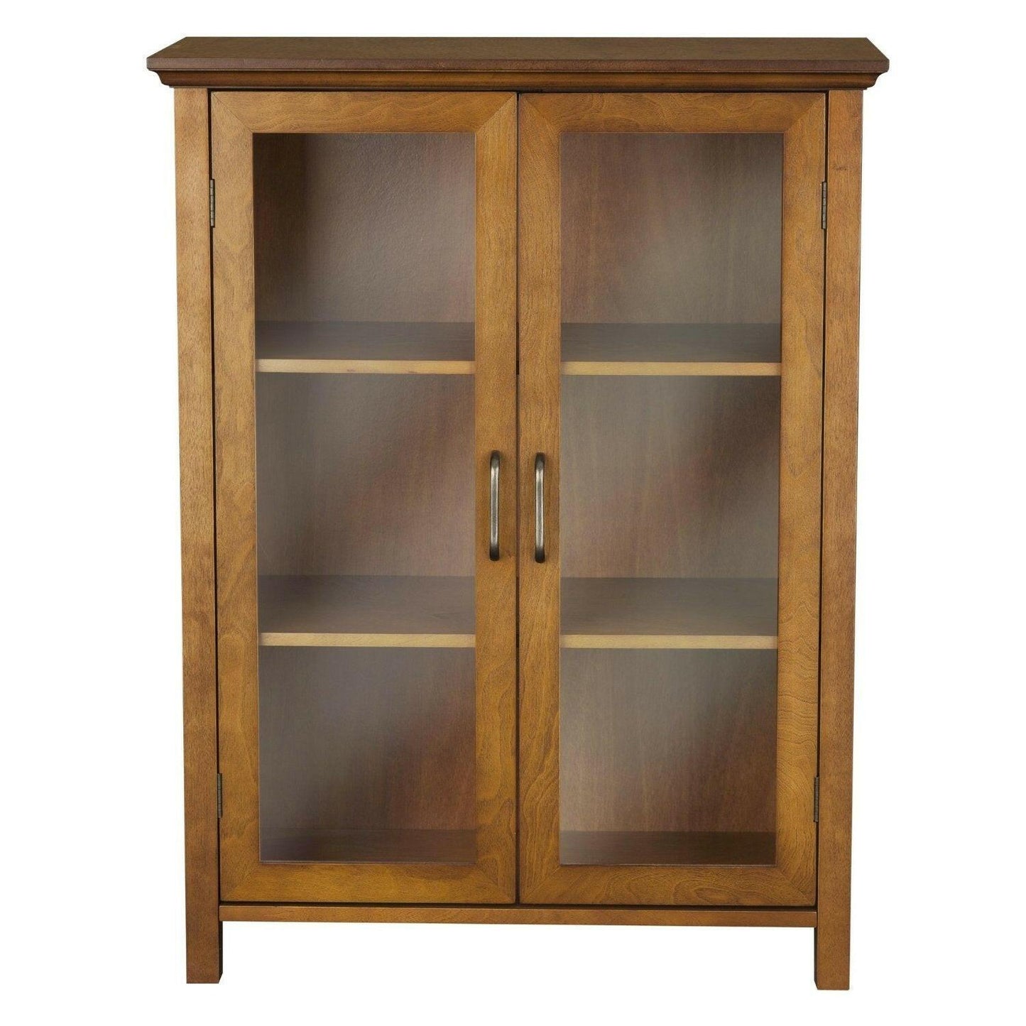 Oak Finish Bathroom Floor Cabinet with 2 Glass Doors & Storage Shelves - FurniFindUSA