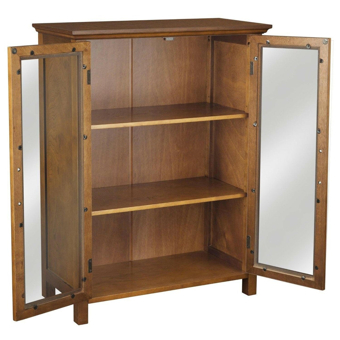 Oak Finish Bathroom Floor Cabinet with 2 Glass Doors & Storage Shelves - FurniFindUSA