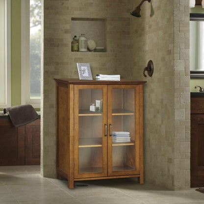 Oak Finish Bathroom Floor Cabinet with 2 Glass Doors & Storage Shelves - FurniFindUSA