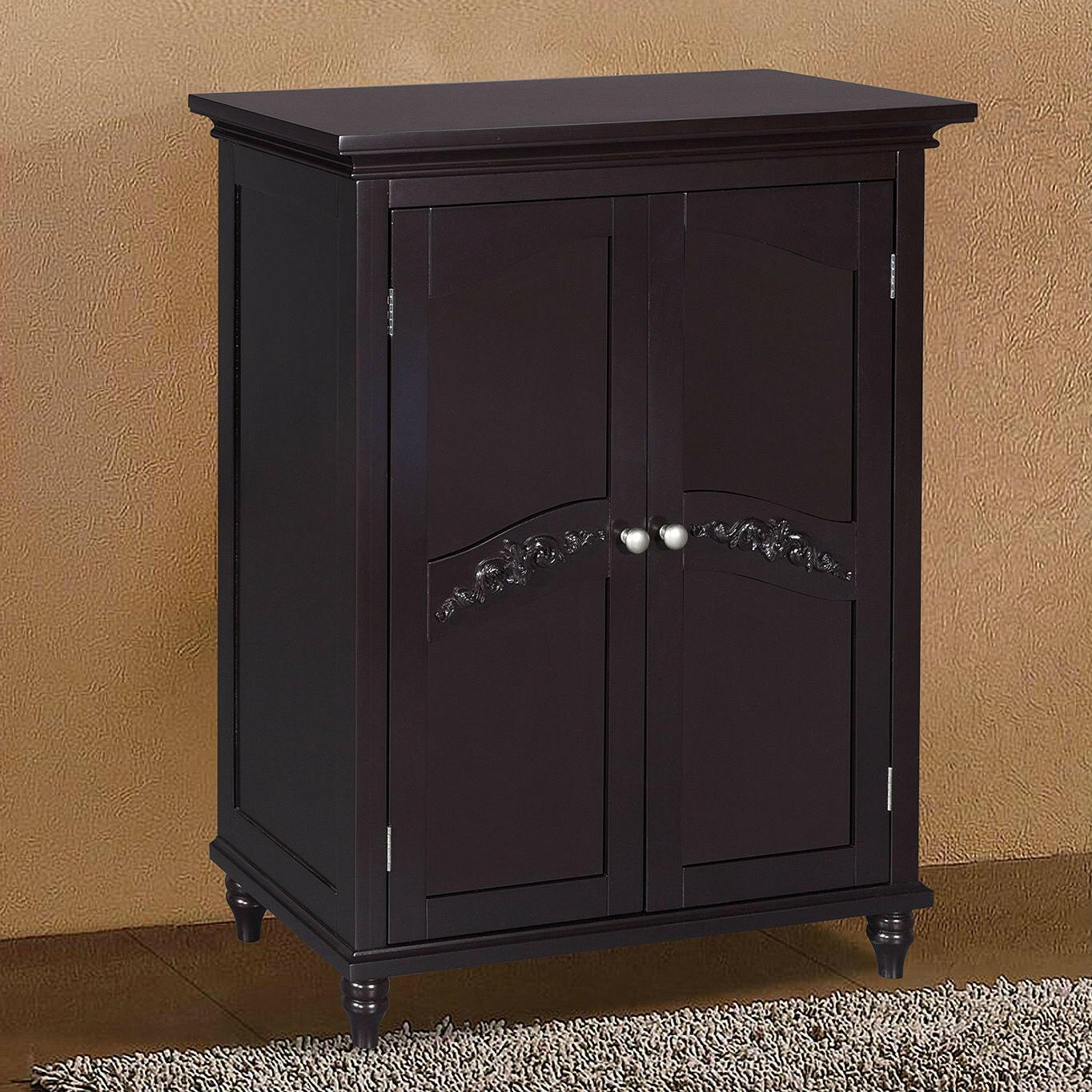 Dark Brown Espresso Wood Bathroom Floor Cabinet with Traditional Engraved Doors - FurniFindUSA