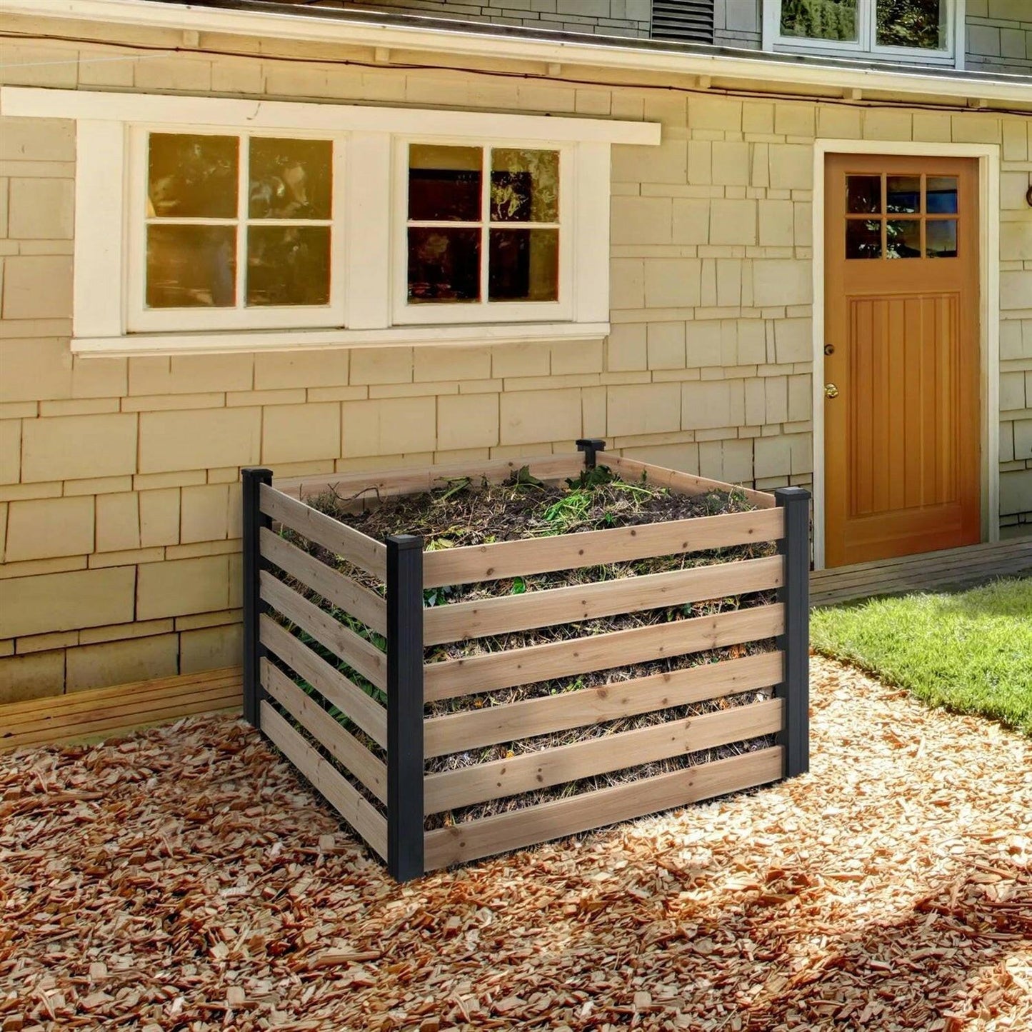 244 Gallon Outdoor Cedar Wooden Compost Bin in Natural Black Wood Finish - FurniFindUSA