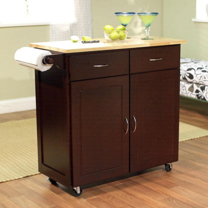 43-inch W Portable Kitchen Island Cart with Natural Wood Top in Espresso - FurniFindUSA