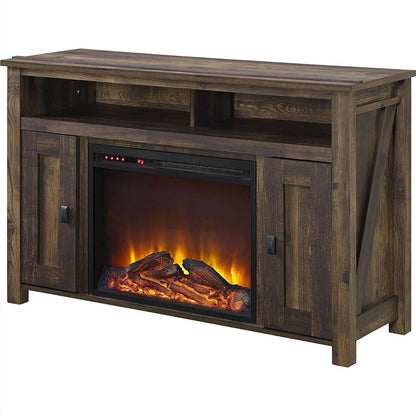 50-inch TV Stand in Medium Brown Wood with 1,500 Watt Electric Fireplace - FurniFindUSA