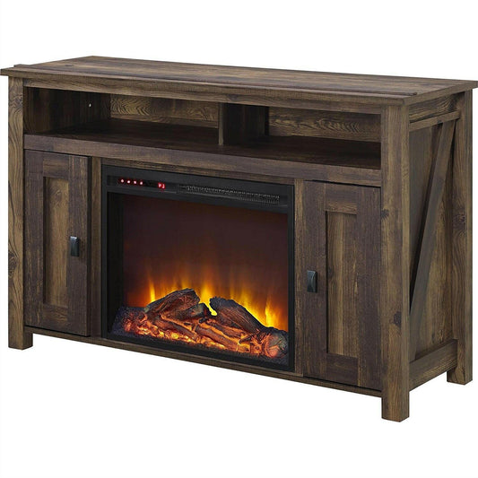 50-inch TV Stand in Medium Brown Wood with 1,500 Watt Electric Fireplace - FurniFindUSA