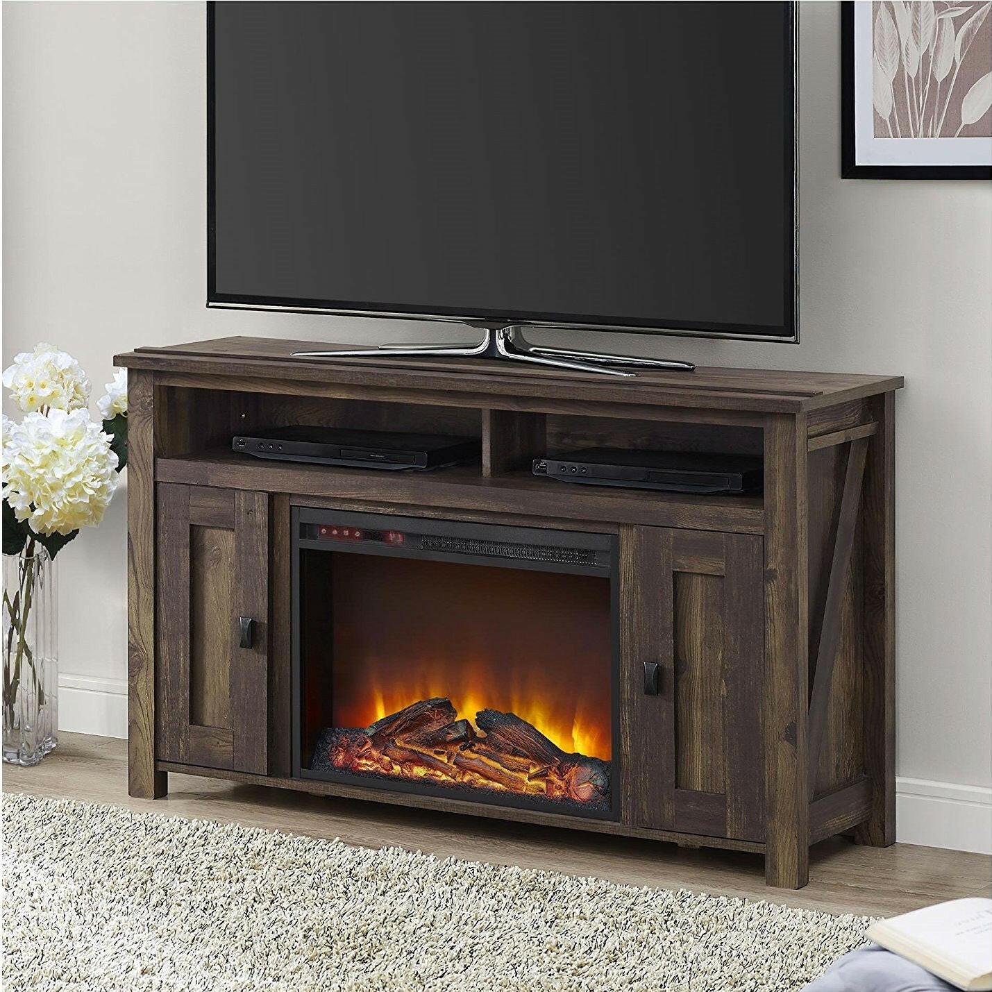 50-inch TV Stand in Medium Brown Wood with 1,500 Watt Electric Fireplace - FurniFindUSA