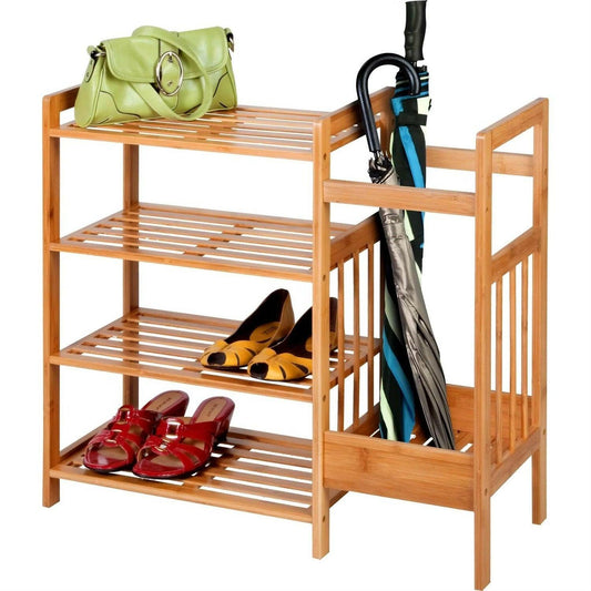 2-Shelf Entryway Shoe Rack Bench with Bla2-in-1 Entryway 4-Shelf Bamboo Shoe Rack and Umbrella Holderck Metal Frame and Brown Wood Top - FurniFindUSA