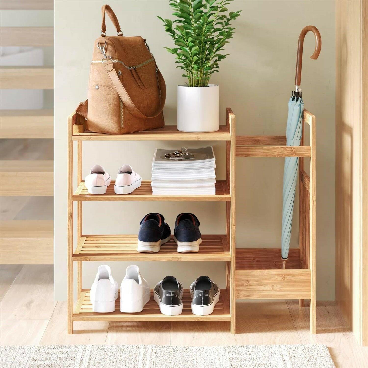 2-Shelf Entryway Shoe Rack Bench with Bla2-in-1 Entryway 4-Shelf Bamboo Shoe Rack and Umbrella Holderck Metal Frame and Brown Wood Top - FurniFindUSA