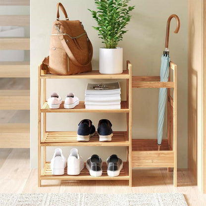 2-Shelf Entryway Shoe Rack Bench with Bla2-in-1 Entryway 4-Shelf Bamboo Shoe Rack and Umbrella Holderck Metal Frame and Brown Wood Top - FurniFindUSA