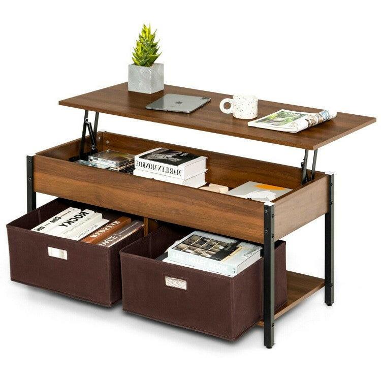 FarmHouse Brown Lift-Top Multi Purpose Coffee Table with 2 Storage Drawers Bins - FurniFindUSA