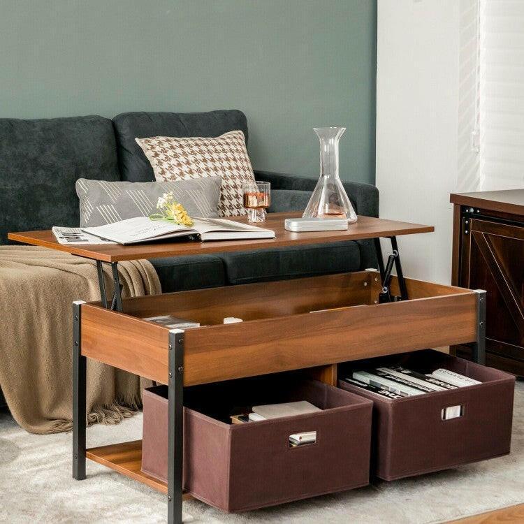 FarmHouse Brown Lift-Top Multi Purpose Coffee Table with 2 Storage Drawers Bins - FurniFindUSA