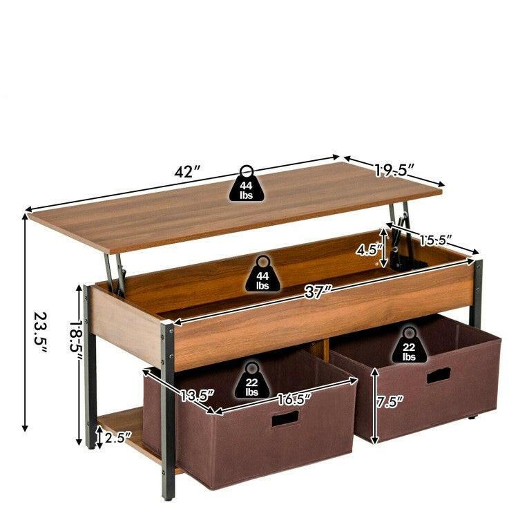 FarmHouse Brown Lift-Top Multi Purpose Coffee Table with 2 Storage Drawers Bins - FurniFindUSA