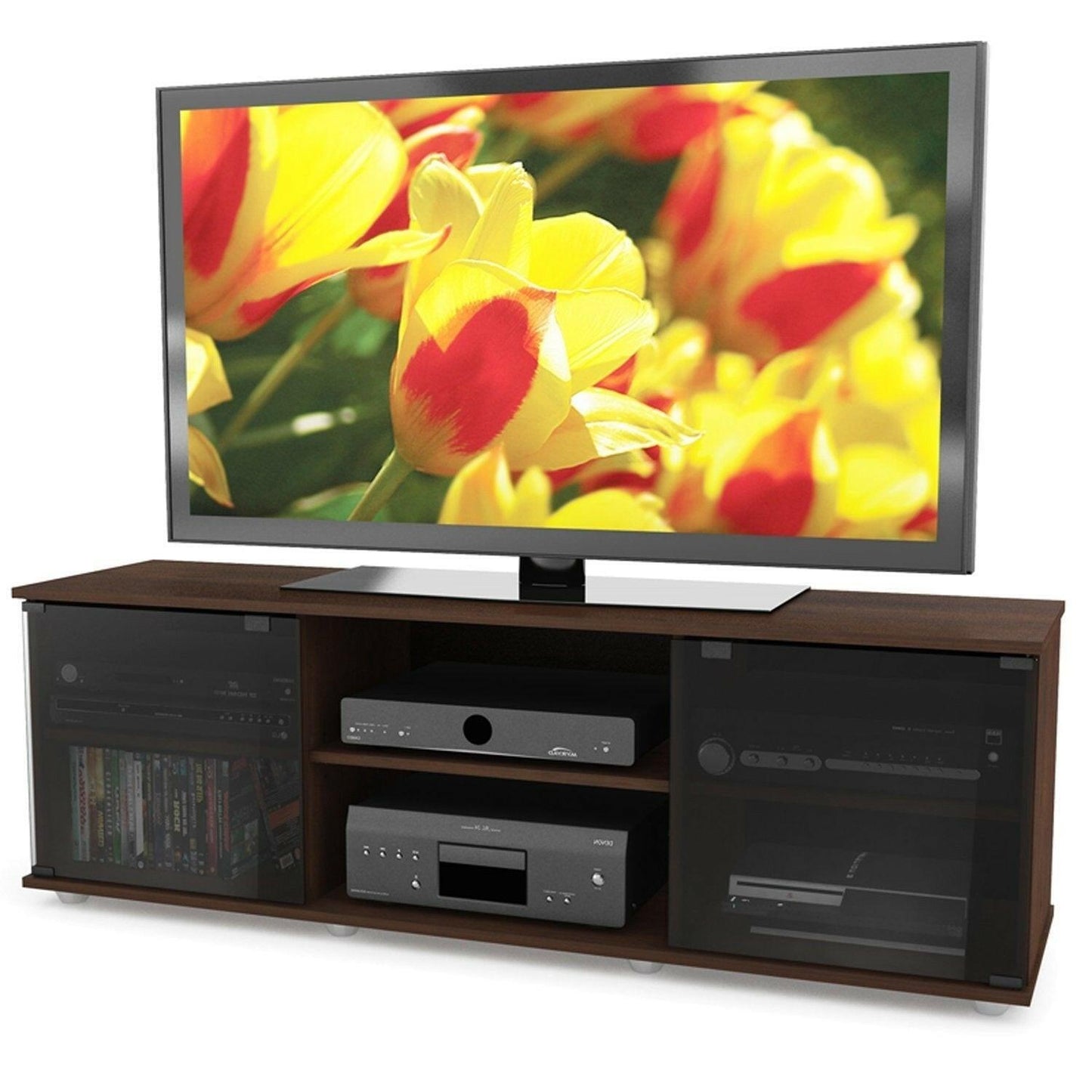 Contemporary Brown TV Stand with Glass Doors - Fits TV's up to 64-inch - FurniFindUSA