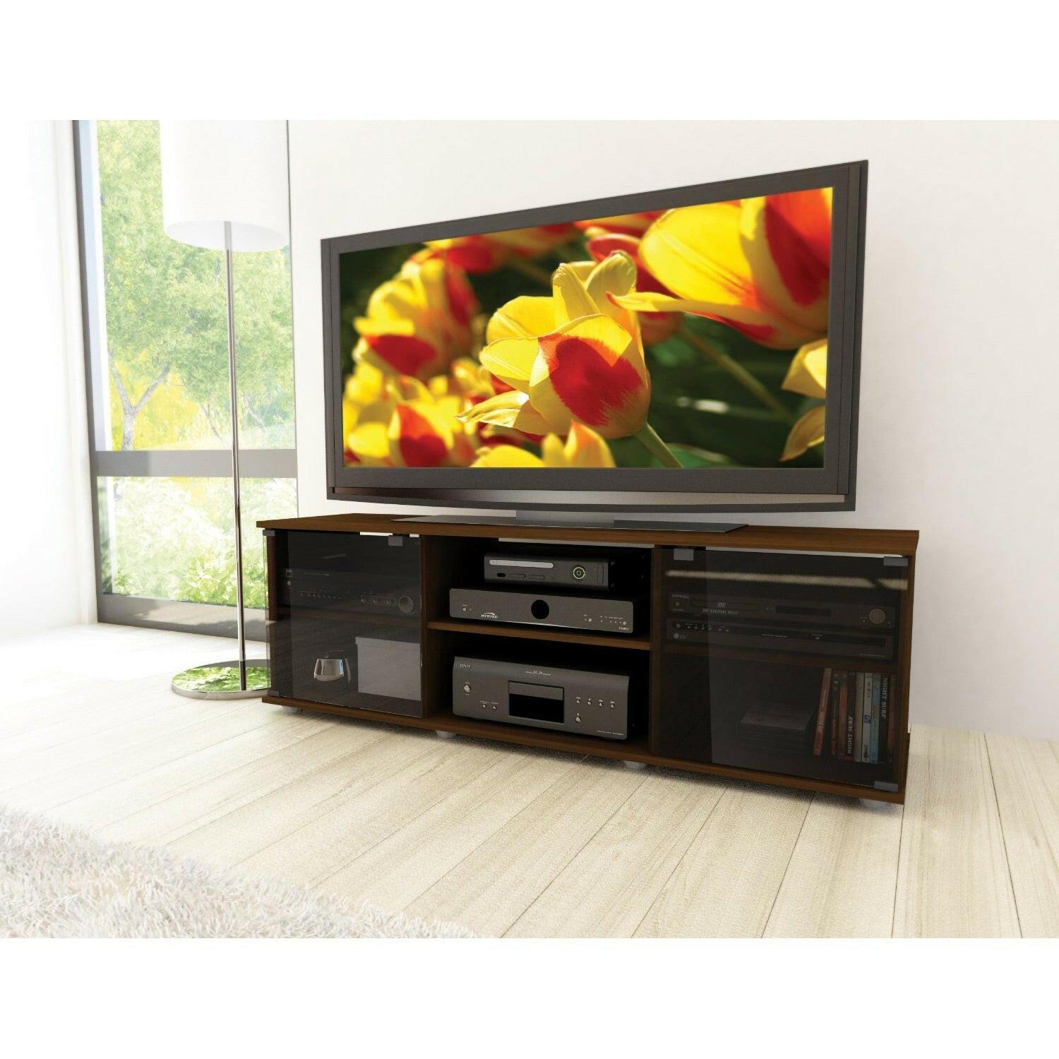 Contemporary Brown TV Stand with Glass Doors - Fits TV's up to 64-inch - FurniFindUSA