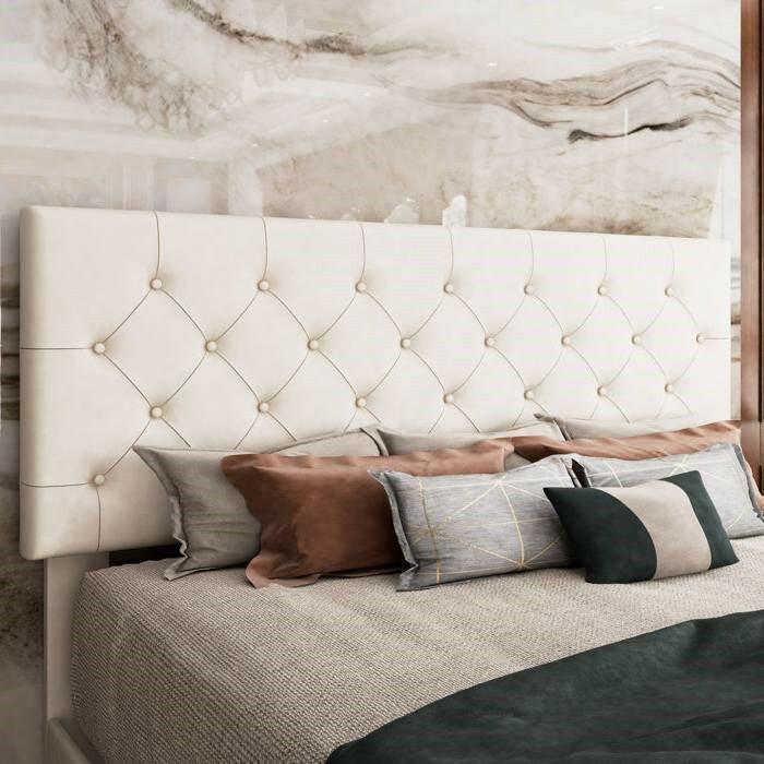 Full White Faux Leather Upholstered Platform Bed with Button-Tufted Headboard - FurniFindUSA