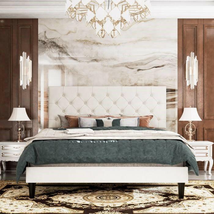 King White Faux Leather Upholstered Platform Bed with Button-Tufted Headboard - FurniFindUSA