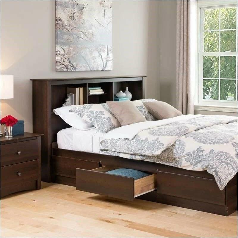 Full/Queen size Bookcase Storage Headboard in Espresso Wood Finish - FurniFindUSA