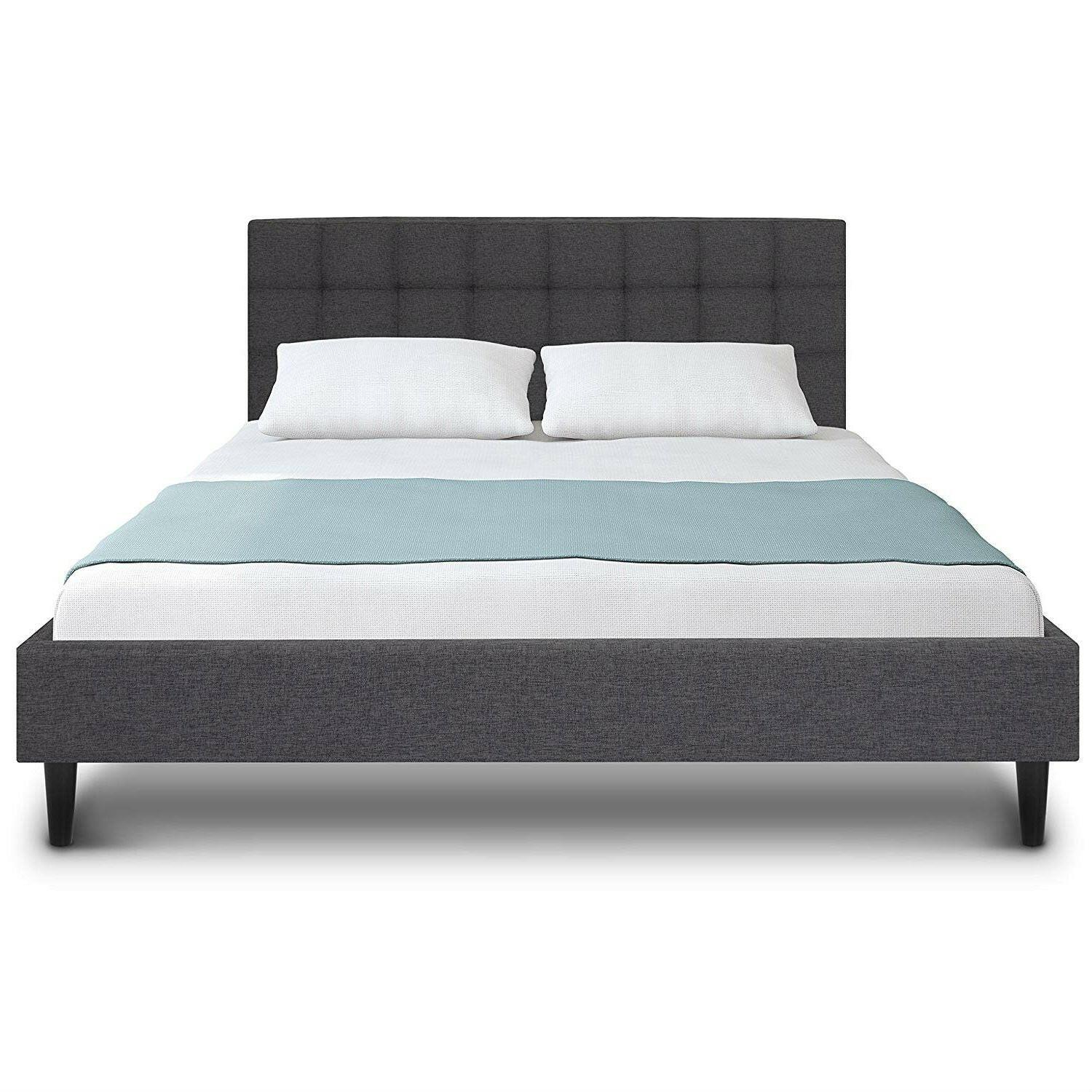 Full size Grey Mid-Century Modern Upholstered Platform Bed Frame with Headboard - FurniFindUSA