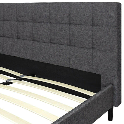 Full size Grey Mid-Century Modern Upholstered Platform Bed Frame with Headboard - FurniFindUSA