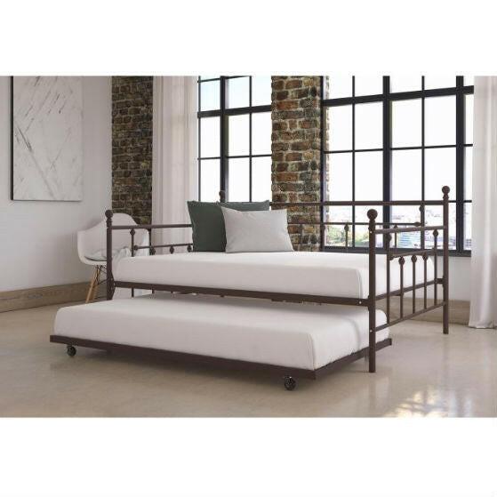 Full size Bronze Metal Daybed with Twin Roll-out Trundle Bed - FurniFindUSA