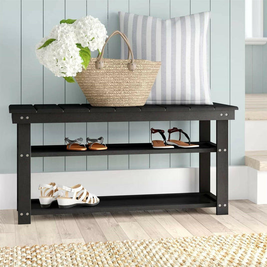 Black Wooden 2-Shelf Shoe Rack Storage Bench for Entryway or Closet - FurniFindUSA