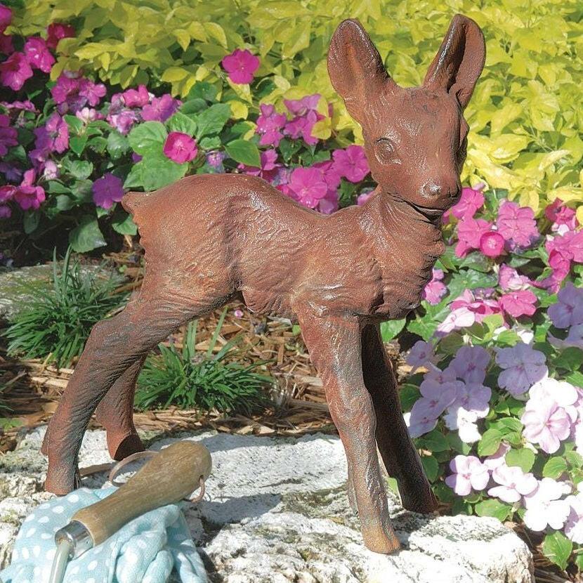 Baby Deer Fawn Brown Metal Outdoor Garden Statue - FurniFindUSA