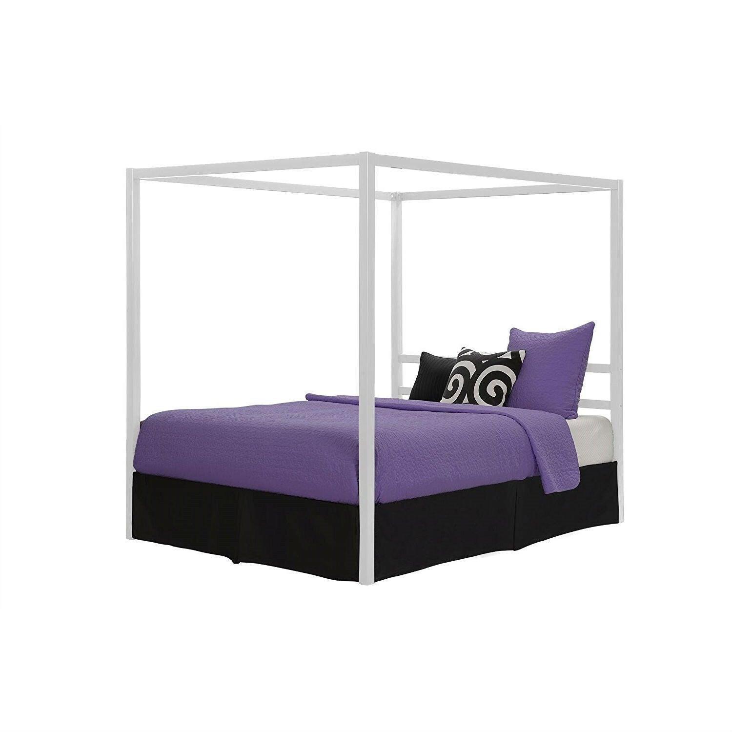 Full size Modern White Metal Canopy Bed Frame - FurniFindUSA