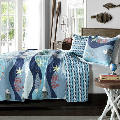 Full / Queen Blue Serenity Sea Fish Coral Coverlet Quilt Bedspread Set - FurniFindUSA