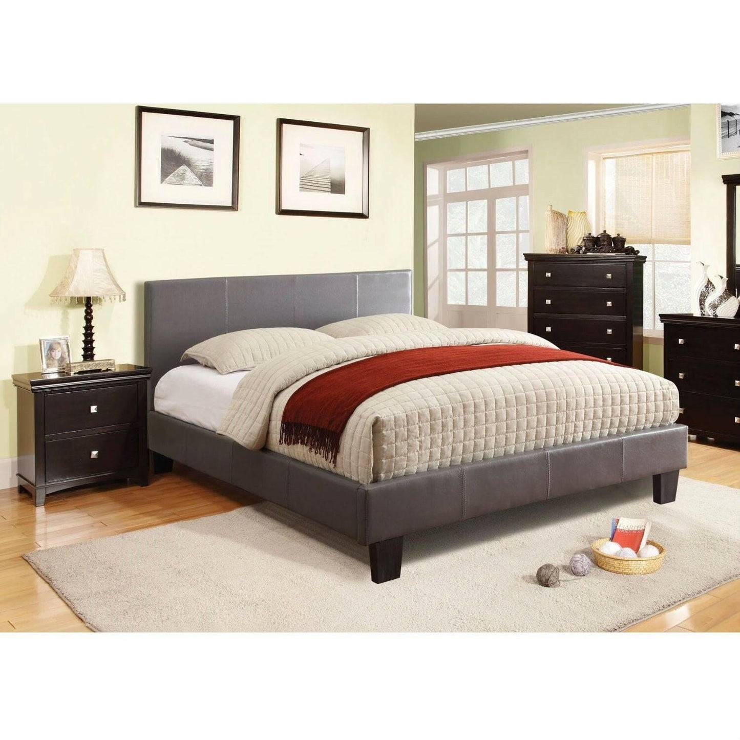 Full size Platform Bed with Headboard Upholstered in Gray Faux Leather - FurniFindUSA