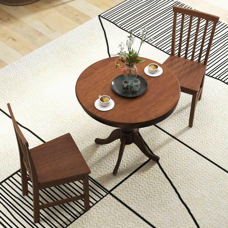 3-Piece Traditional Round Dining Table and 2 Chairs Set in Walnut Wood Finish - FurniFindUSA