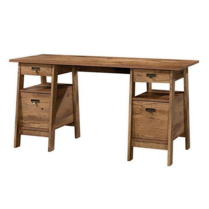 FarmHouse Rustic Oak Executive Desk w/ Filing Cabinets Storage - FurniFindUSA