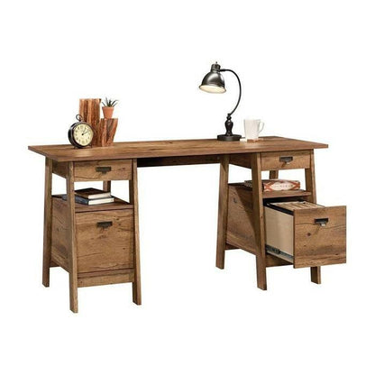 FarmHouse Rustic Oak Executive Desk w/ Filing Cabinets Storage - FurniFindUSA