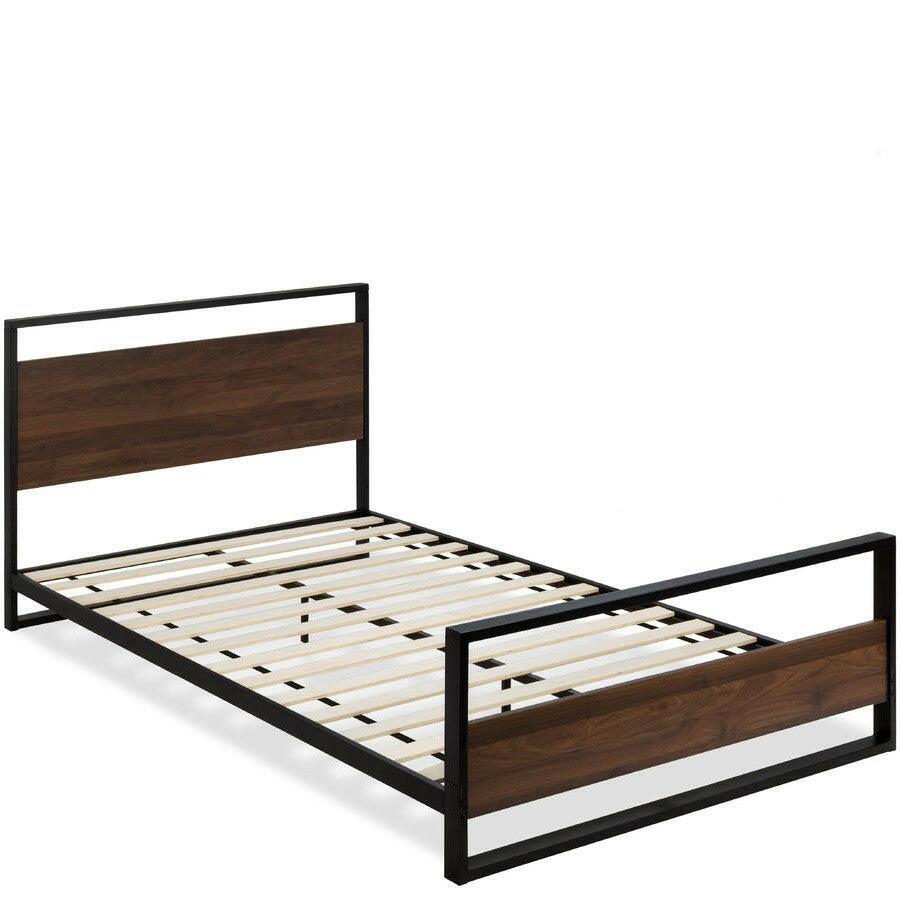 Queen size Farmhouse Metal Wood Platform Bed Frame with Headboard Footboard - FurniFindUSA