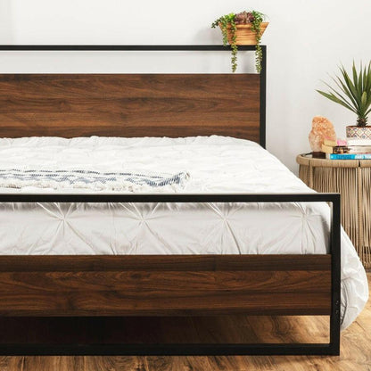 Queen size Farmhouse Metal Wood Platform Bed Frame with Headboard Footboard - FurniFindUSA