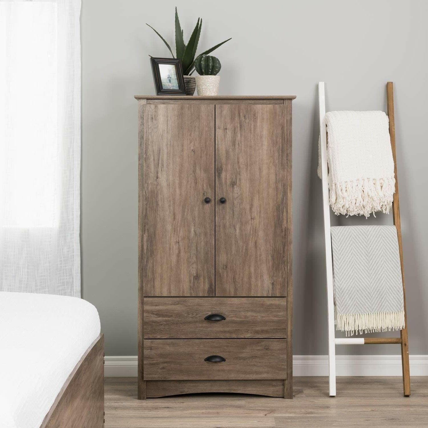 FarmHome Rustic 2 Drawer Bedroom Storage Armoire Grey Oak - FurniFindUSA