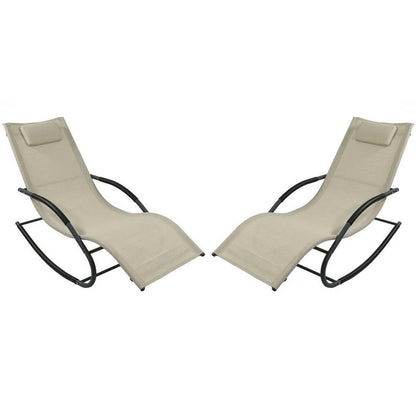 Set of 2 Beige Rocking Chaise Lounger Patio Lounge Chair with Pillow - FurniFindUSA