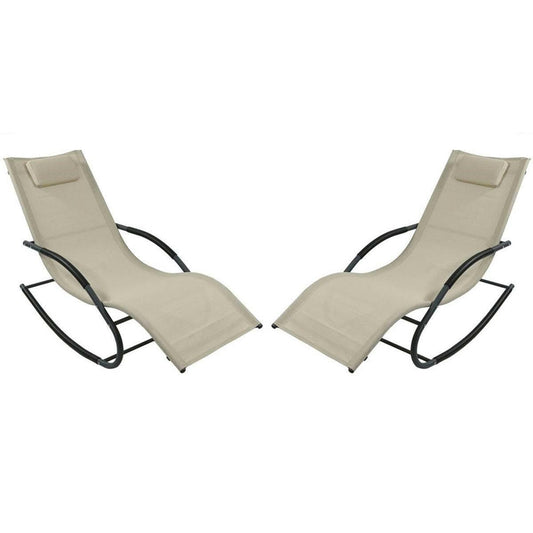 Set of 2 Beige Rocking Chaise Lounger Patio Lounge Chair with Pillow - FurniFindUSA