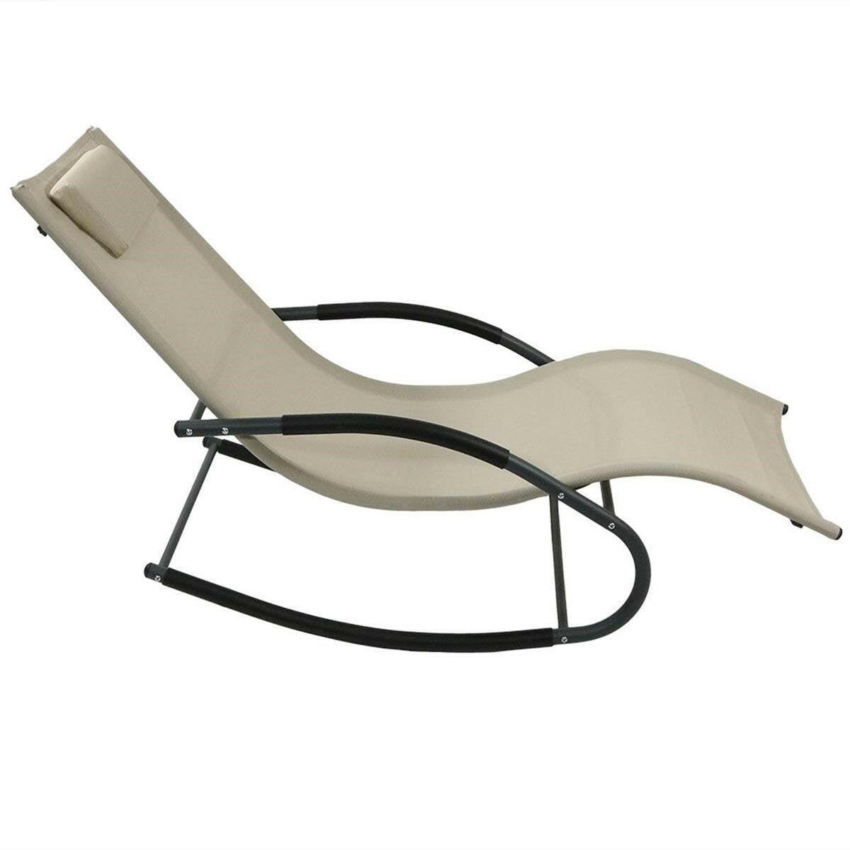 Set of 2 Beige Rocking Chaise Lounger Patio Lounge Chair with Pillow - FurniFindUSA