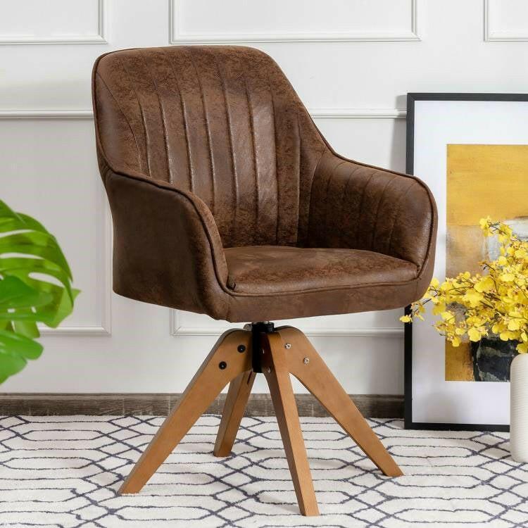 Faux Leather Swivel Accent Chair with Solid Wood Legs - Brown - FurniFindUSA