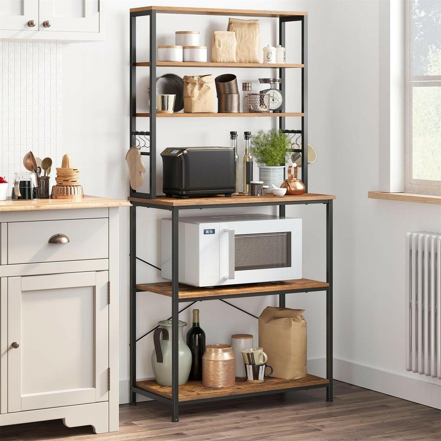 Farmhouse 6 Tier Industrial Utility Kitchen Bakers Rack Microwave Stand - FurniFindUSA