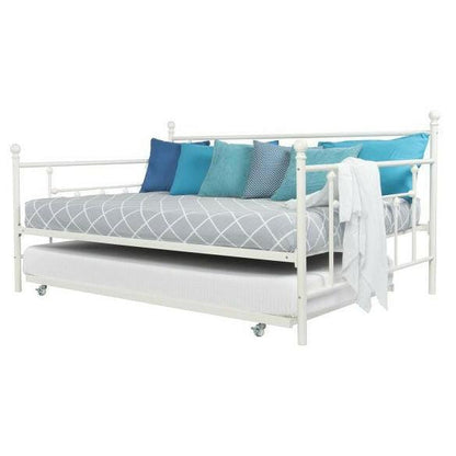 Full size White Metal Daybed with Twin Roll-out Trundle Bed - FurniFindUSA