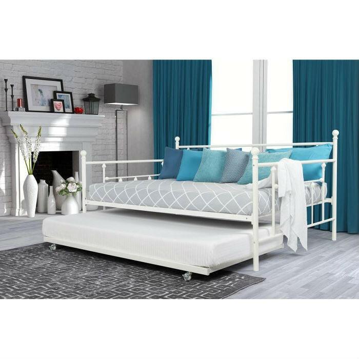 Full size White Metal Daybed with Twin Roll-out Trundle Bed - FurniFindUSA