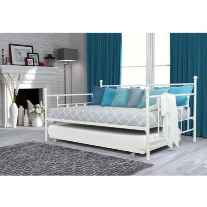 Full size White Metal Daybed with Twin Roll-out Trundle Bed - FurniFindUSA