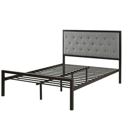 Full Metal Platform Bed with Grey Upholstered Button Tufted Fabric Headboard - FurniFindUSA